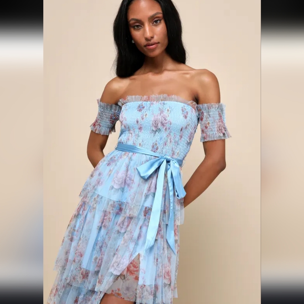 Lulus Pretty Whimsy Blue Floral Tiered Off-the-Shoulder Maxi Dress - Picture 5 of 7